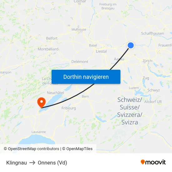 Klingnau to Onnens (Vd) map