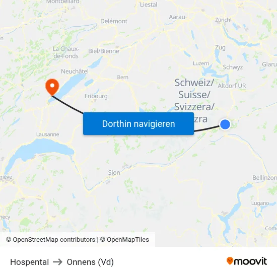 Hospental to Onnens (Vd) map