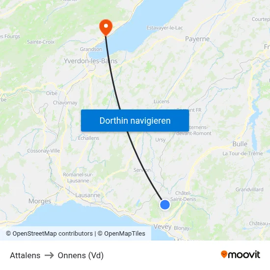 Attalens to Onnens (Vd) map
