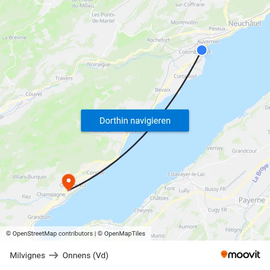 Milvignes to Onnens (Vd) map