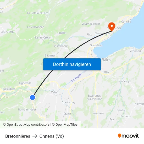 Bretonnières to Onnens (Vd) map