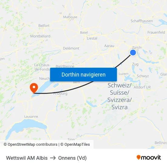 Wettswil AM Albis to Onnens (Vd) map