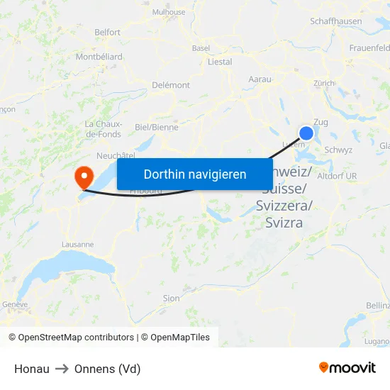 Honau to Onnens (Vd) map