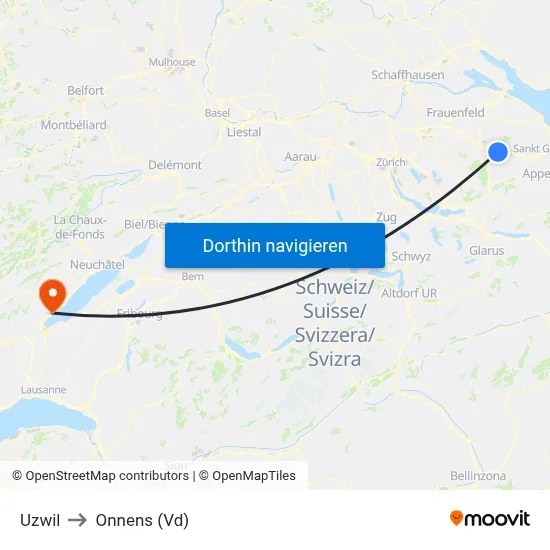 Uzwil to Onnens (Vd) map