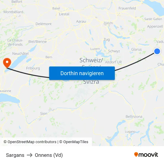 Sargans to Onnens (Vd) map