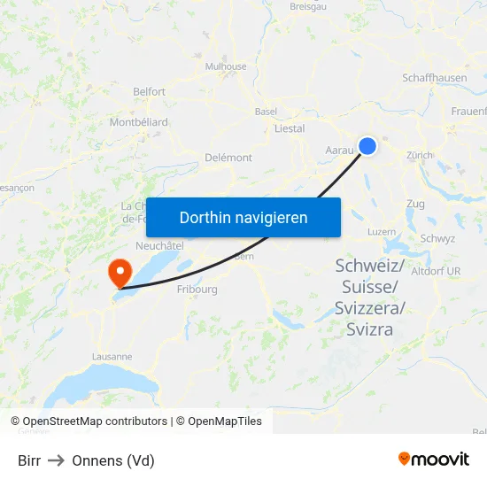 Birr to Onnens (Vd) map