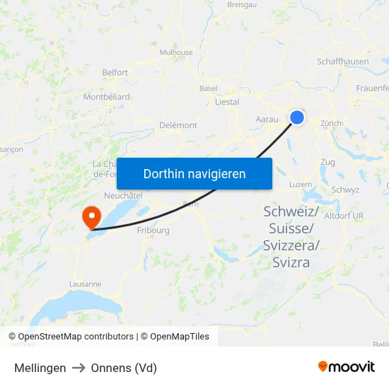 Mellingen to Onnens (Vd) map
