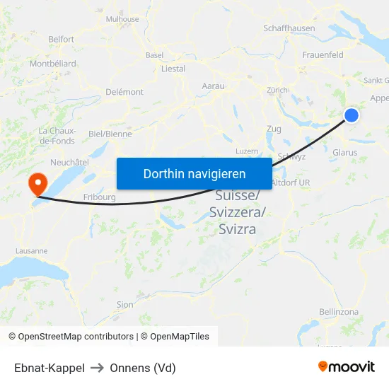 Ebnat-Kappel to Onnens (Vd) map