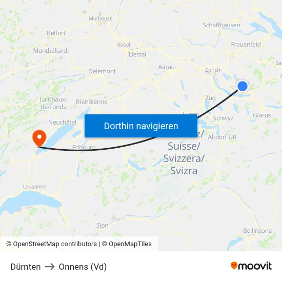 Dürnten to Onnens (Vd) map
