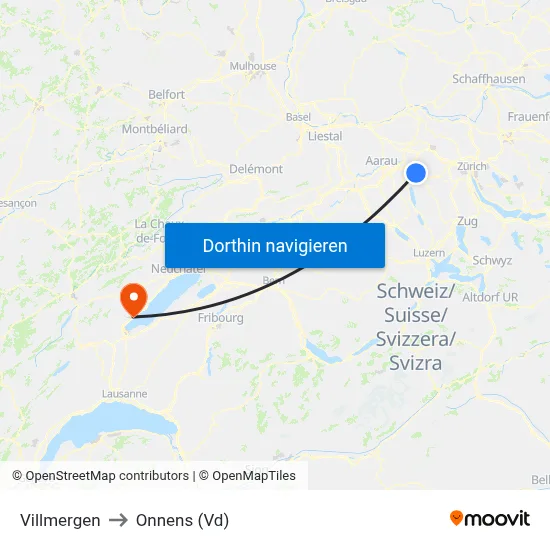 Villmergen to Onnens (Vd) map