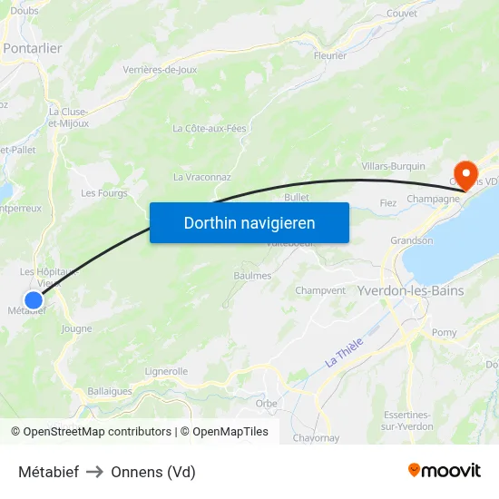 Métabief to Onnens (Vd) map
