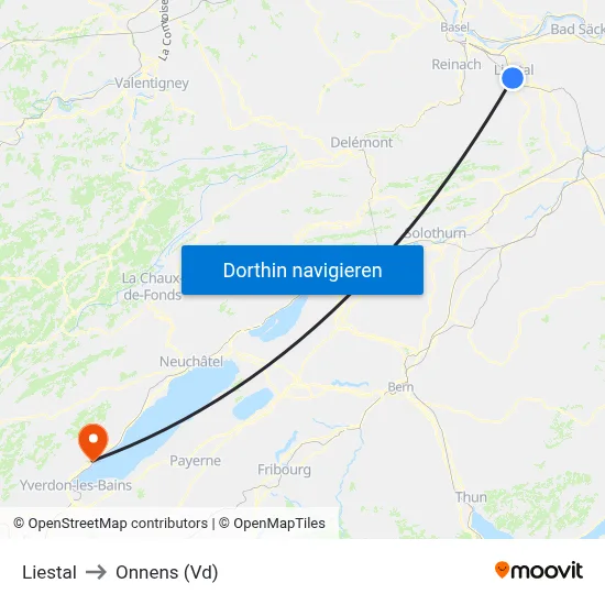 Liestal to Onnens (Vd) map
