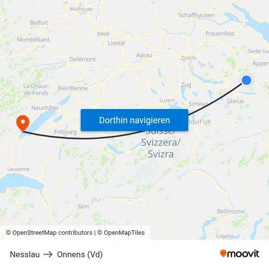 Nesslau to Onnens (Vd) map