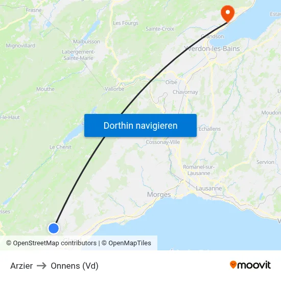 Arzier to Onnens (Vd) map