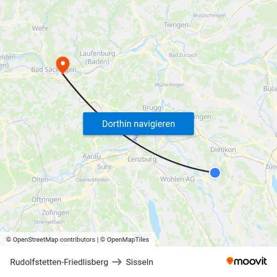 Rudolfstetten-Friedlisberg to Sisseln map