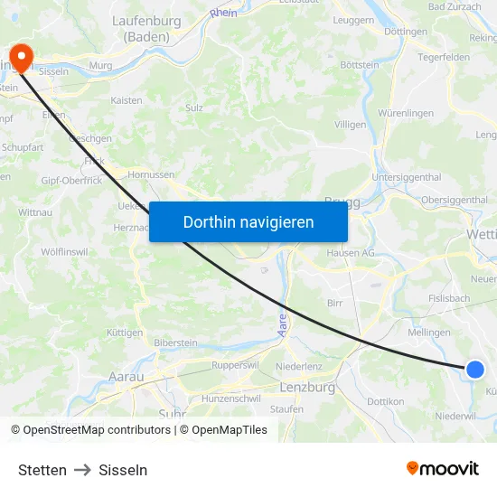 Stetten to Sisseln map