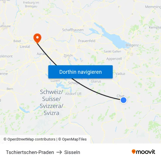 Tschiertschen-Praden to Sisseln map