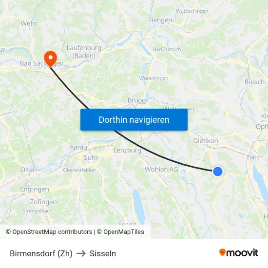 Birmensdorf (Zh) to Sisseln map
