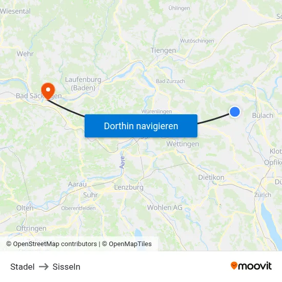 Stadel to Sisseln map