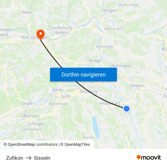 Zufikon to Sisseln map