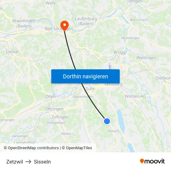 Zetzwil to Sisseln map