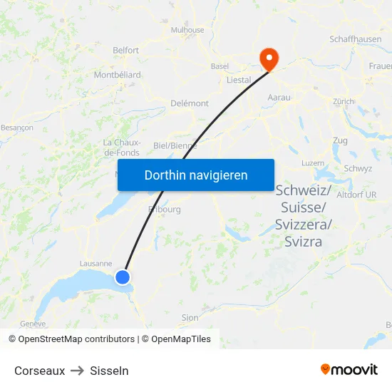Corseaux to Sisseln map