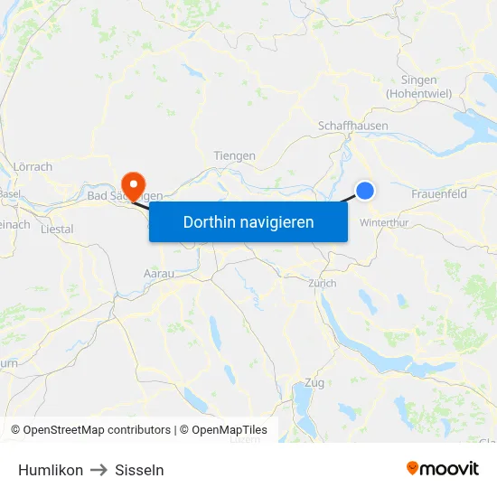 Humlikon to Sisseln map