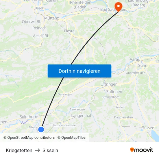 Kriegstetten to Sisseln map