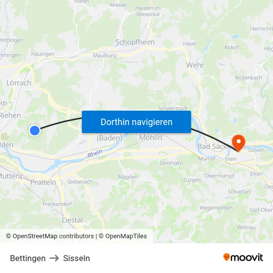 Bettingen to Sisseln map