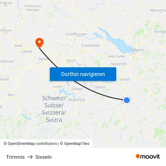 Trimmis to Sisseln map
