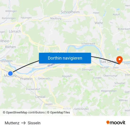 Muttenz to Sisseln map