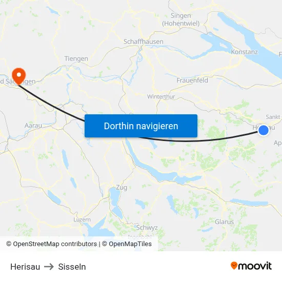 Herisau to Sisseln map