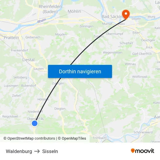 Waldenburg to Sisseln map