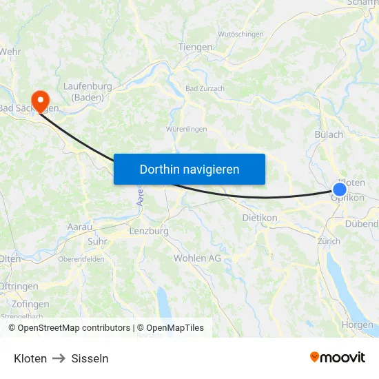 Kloten to Sisseln map