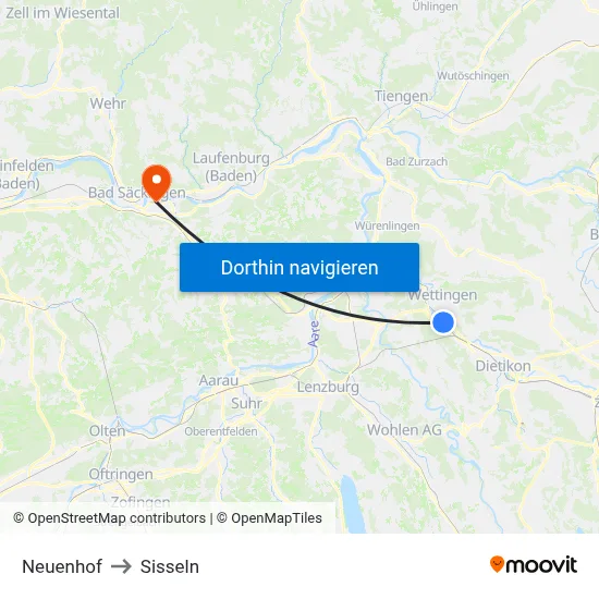 Neuenhof to Sisseln map