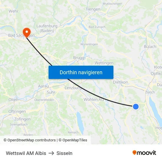 Wettswil AM Albis to Sisseln map
