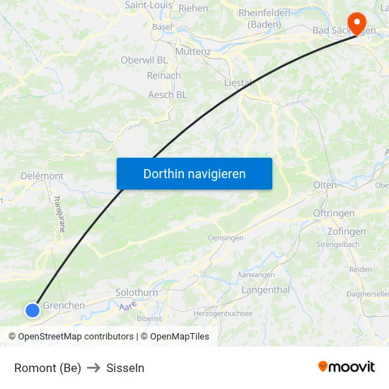 Romont (Be) to Sisseln map