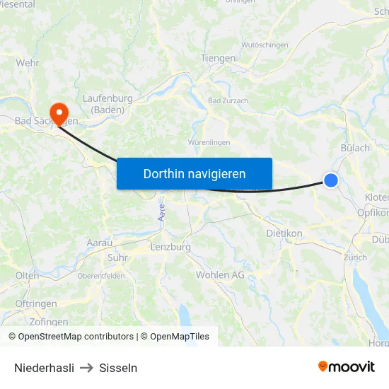Niederhasli to Sisseln map