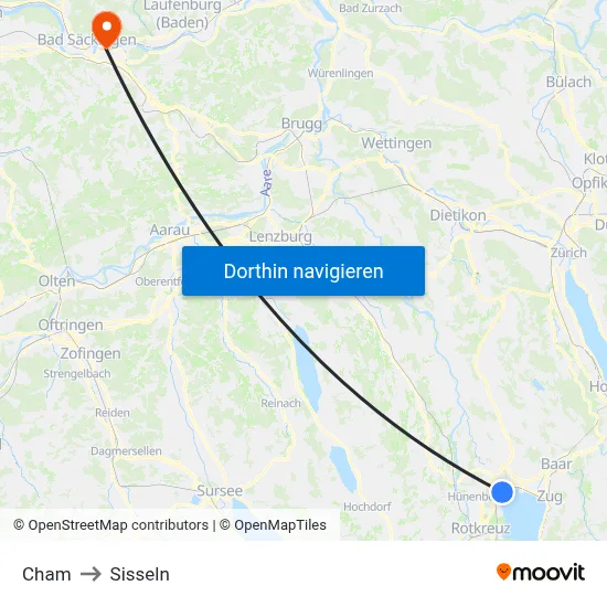 Cham to Sisseln map