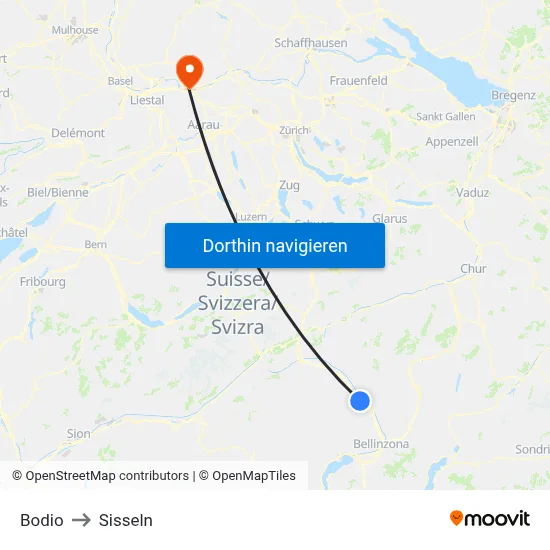 Bodio to Sisseln map