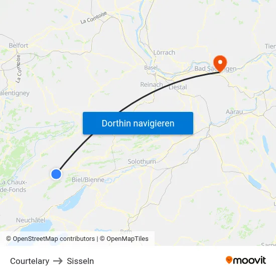Courtelary to Sisseln map