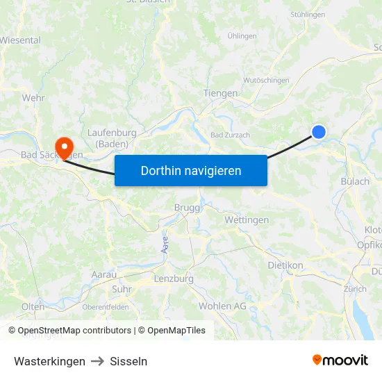 Wasterkingen to Sisseln map