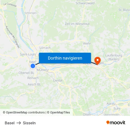 Basel to Sisseln map
