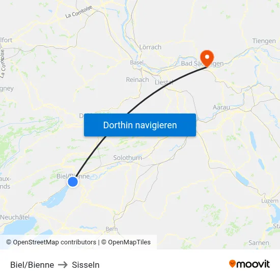 Biel/Bienne to Sisseln map