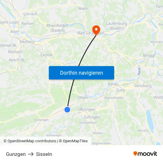 Gunzgen to Sisseln map