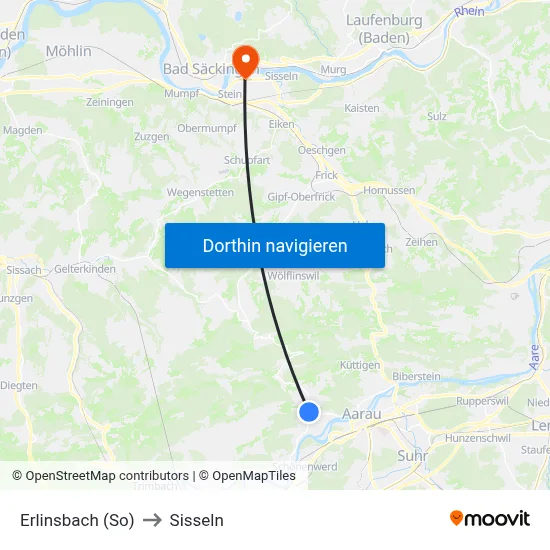Erlinsbach (So) to Sisseln map