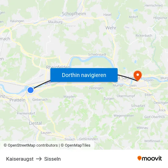 Kaiseraugst to Sisseln map