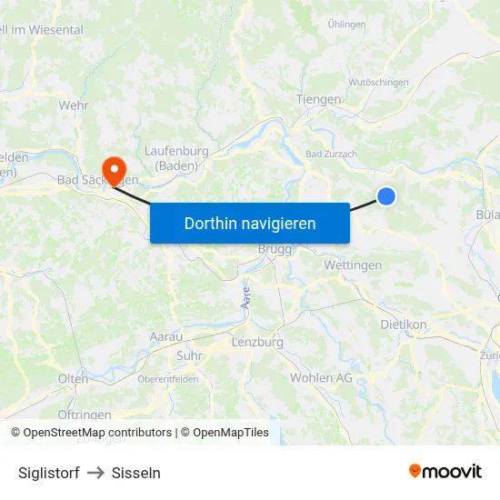 Siglistorf to Sisseln map