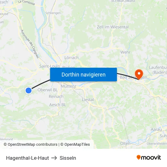Hagenthal-Le-Haut to Sisseln map