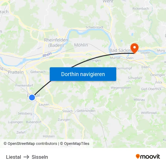 Liestal to Sisseln map